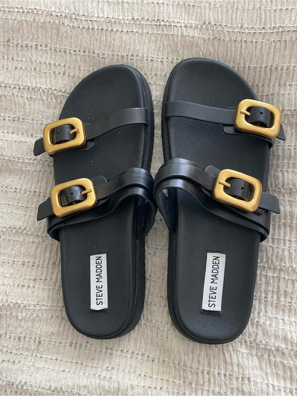 Steve Madden Black Slide Sandals with Gold Buckles - EUC